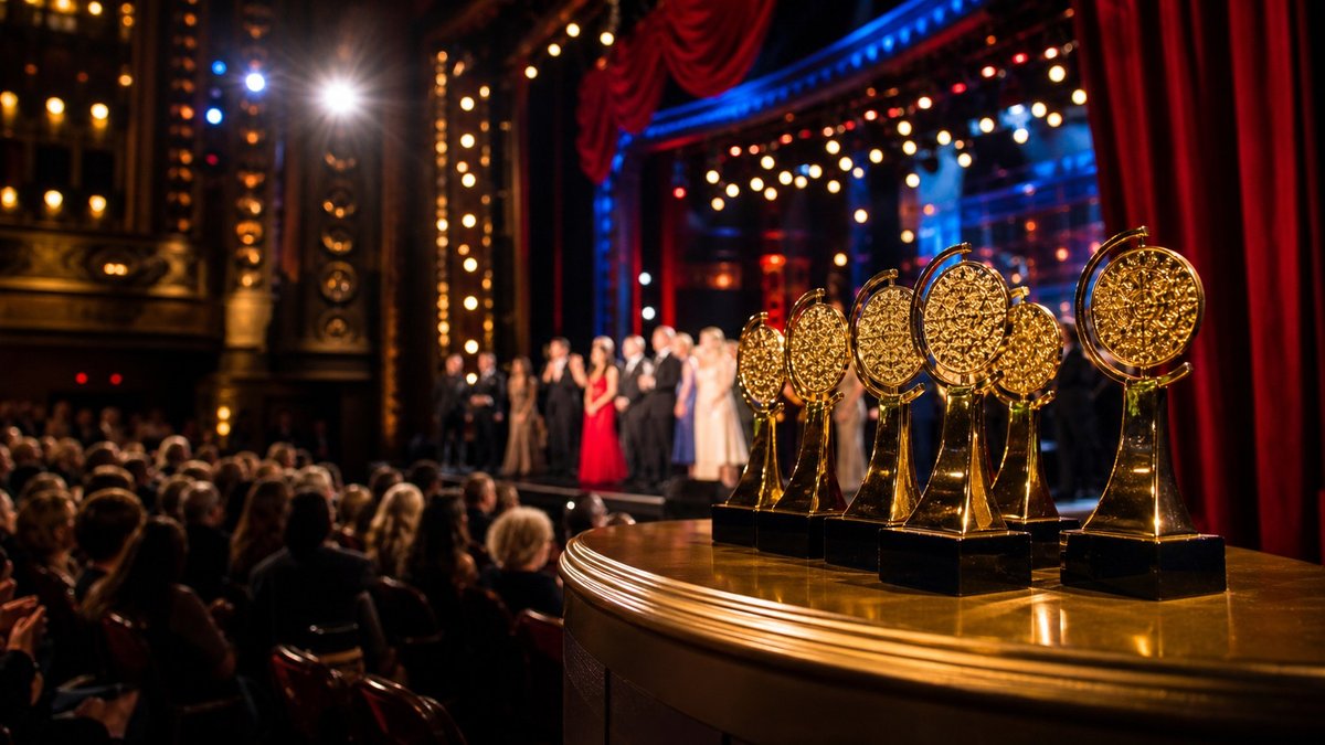 Troféus dourados em palco de premiação teatral com público ao fundo