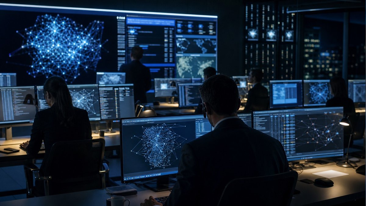 Sala de operações de segurança com analistas monitorando visualizações abstratas de inteligência artificial.