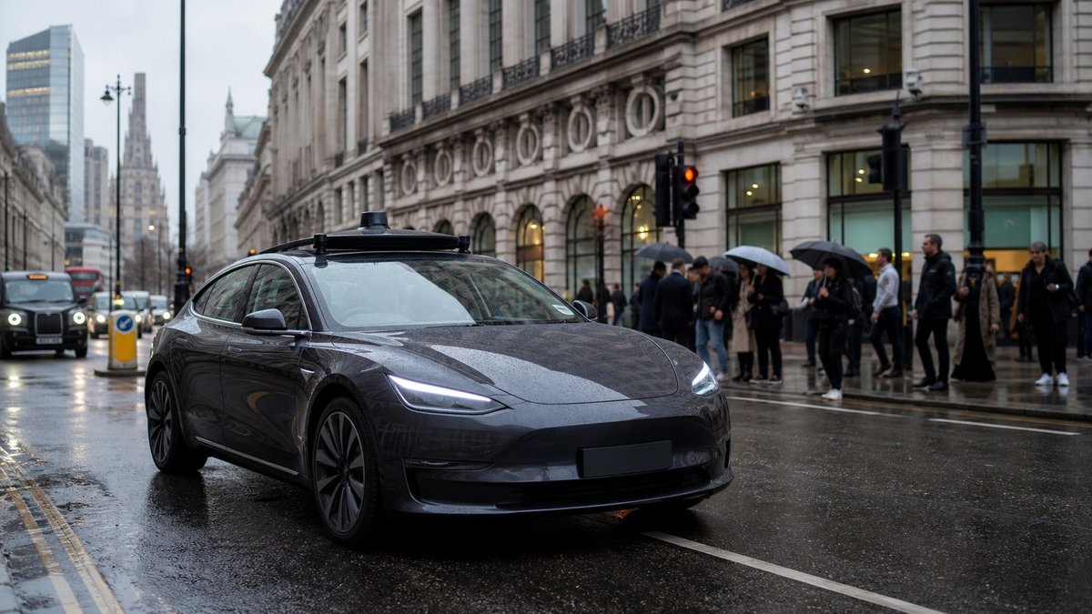 Carro elétrico com sensores de direção autônoma circulando em rua chuvosa de Londres.