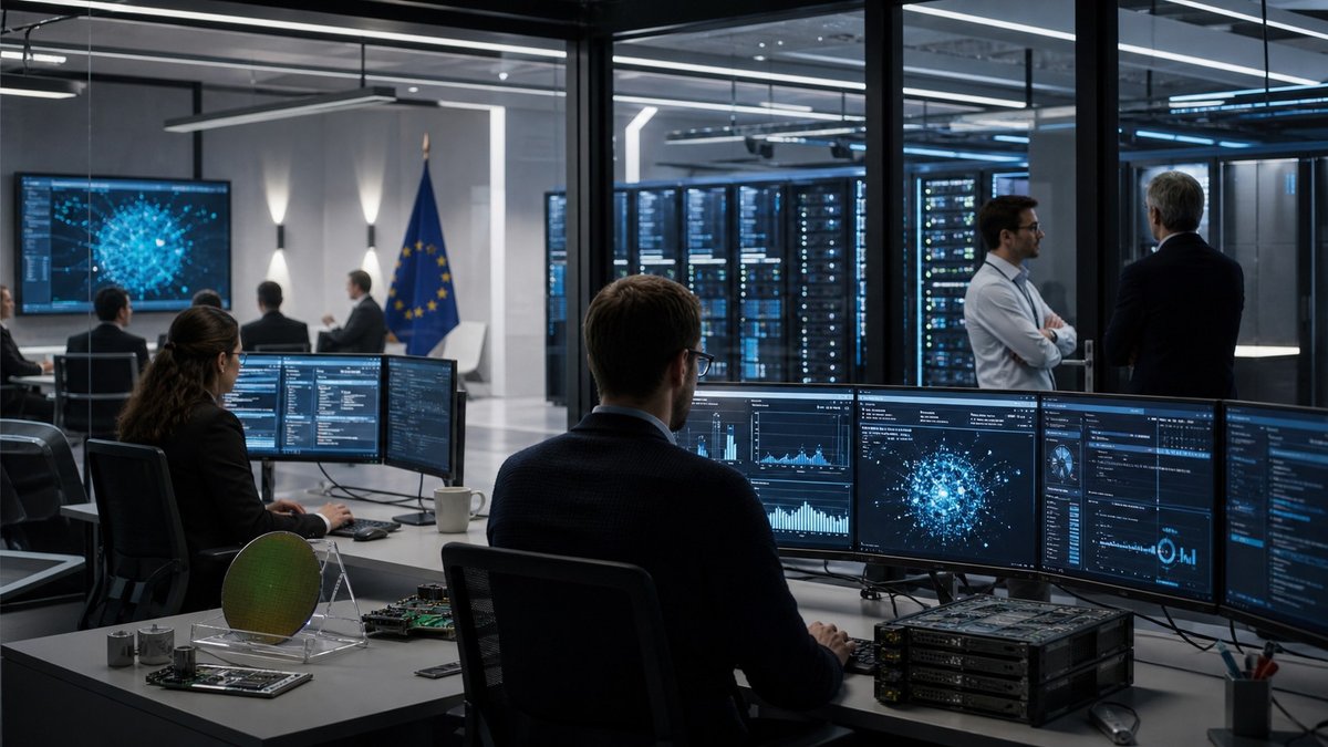 Sala de controle de data center europeu com servidores, painéis de monitoramento e equipamentos de semicondutores.