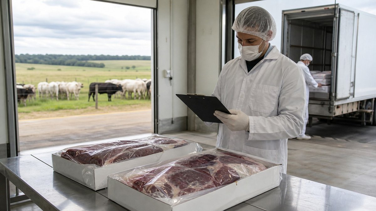 Fiscal inspeciona caixas de carne em área refrigerada de exportação agropecuária.