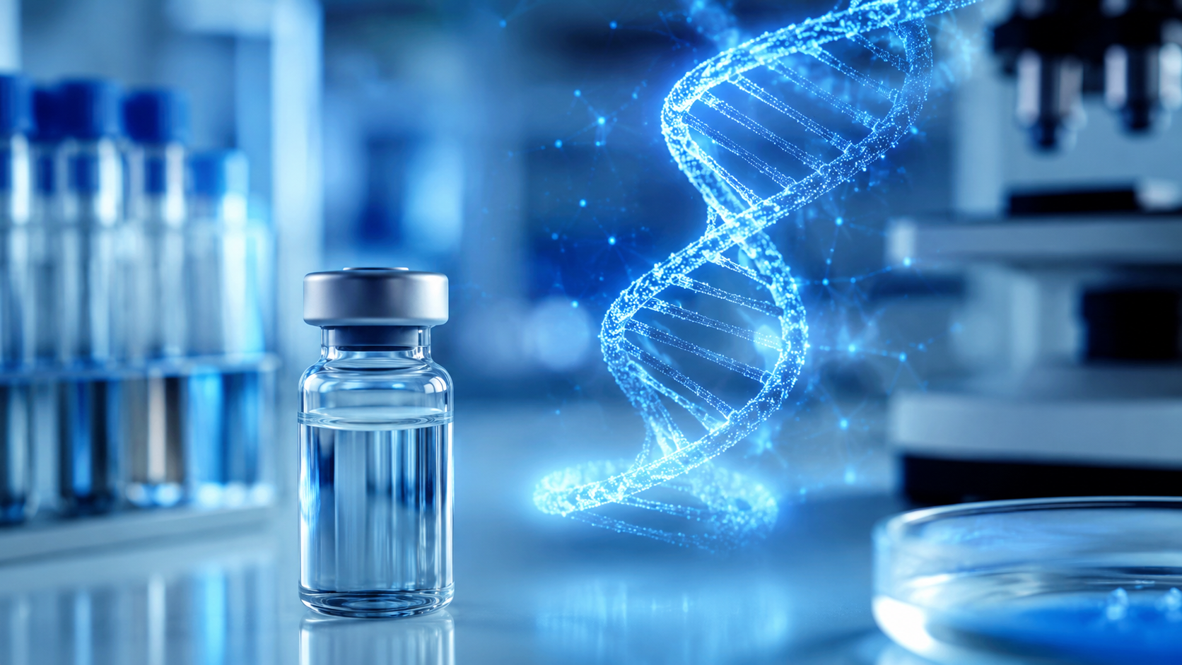 Frasco de vacina em laboratório ao lado de uma hélice de DNA digital luminosa — biotecnologia desenhada por IA