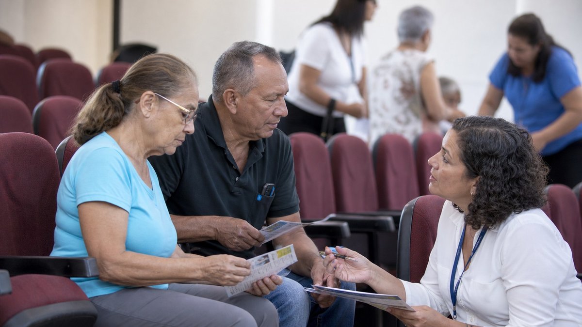 Pessoas idosas e profissionais de atendimento conversam em auditório durante atividade pública sobre direitos humanos.
