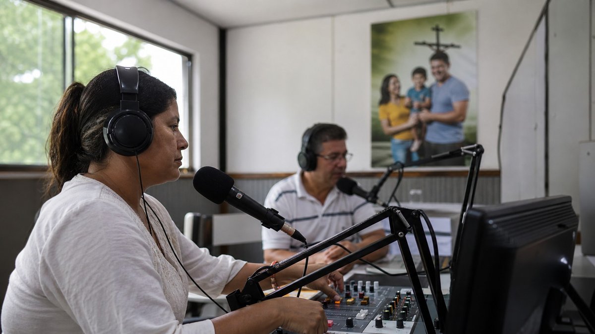Estúdio de rádio com microfones e mesa de som usado para transmissão de serviço público.