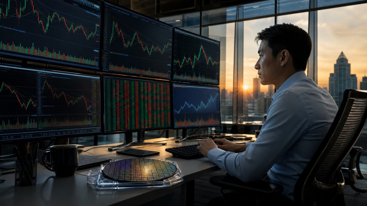 Operadores observam telas de mercado com gráficos de semicondutores e tecnologia em uma mesa de negociação moderna.