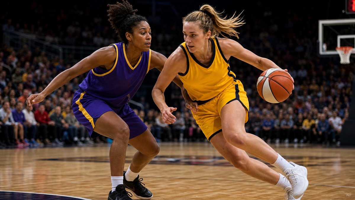 Duas jogadoras de basquete disputam uma posse de bola em arena coberta.
